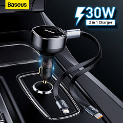 Baseus 2-em-1 carregador de carro cabo retrátil de carregamento rápido 30w