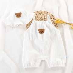 2 pçs verão roupas de bebê conjunto com boné da criança uma peça bonito urso sling chapéu pescador infantil menina menino macacão outfit